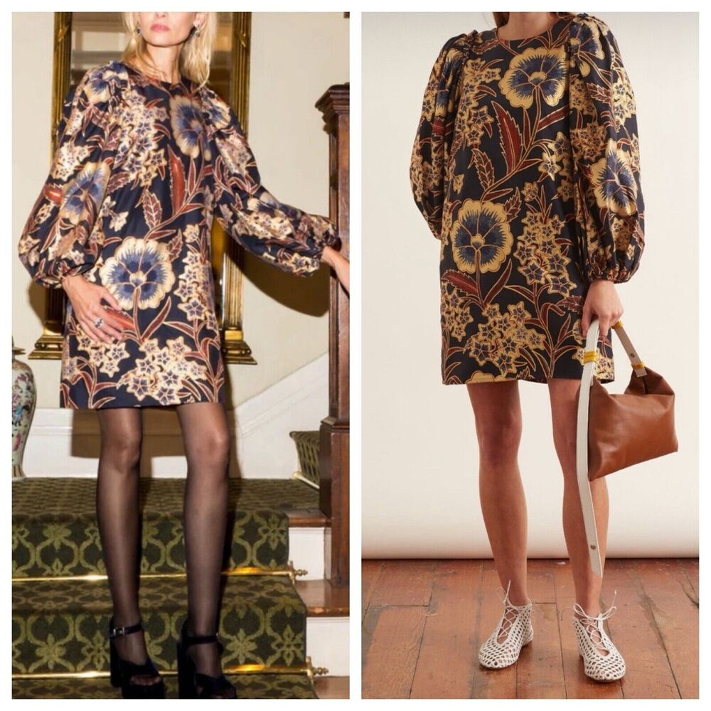 Ulla Johnson Claudine Navy Silk Gold Floral Dress 0 Puff Sleeve Wedding Guest